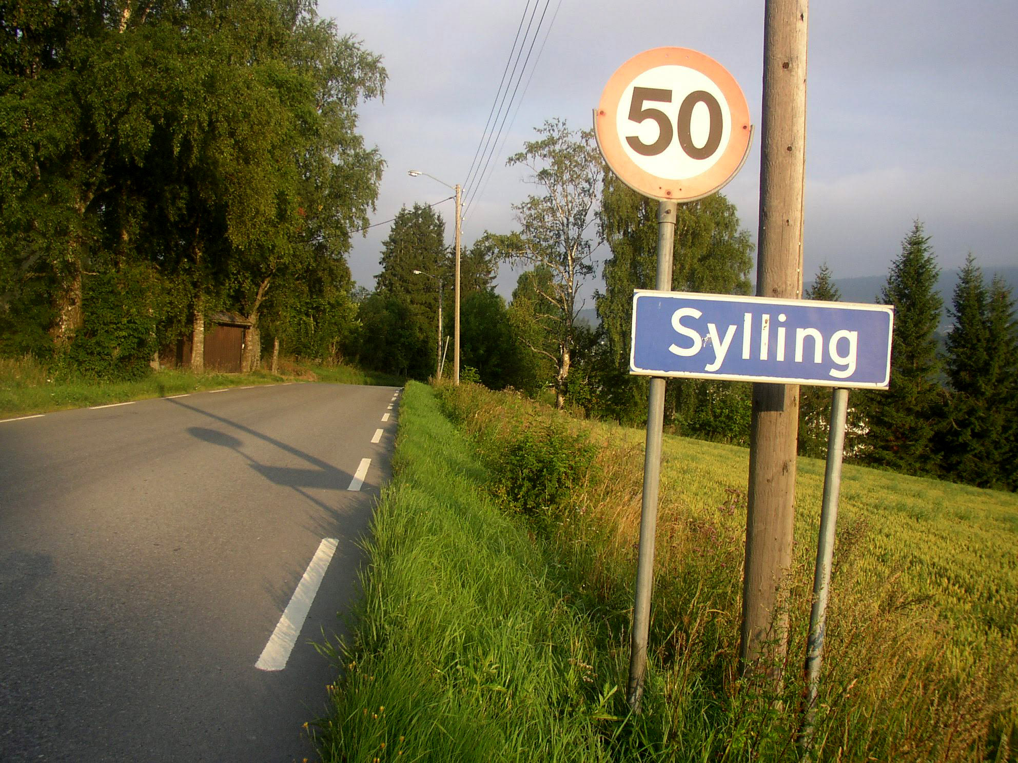 Stedsnavnskilt med navnet Sylling langs vei, tr?r, gress.